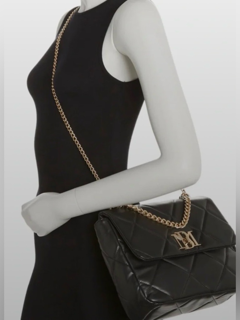 New BADGLEY MISCHKA Quilted Black Shoulder Bag with Gold Chain